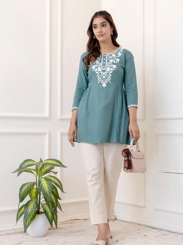 Skyblue Rayon Hip Length Solid Round Neck Solid Embroidered Straight Top