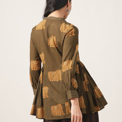 Cotton Hip Length Printed Full Sleeve Shirt Collar Flared Top