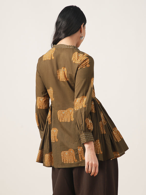 Cotton Hip Length Printed Full Sleeve Shirt Collar Flared Top