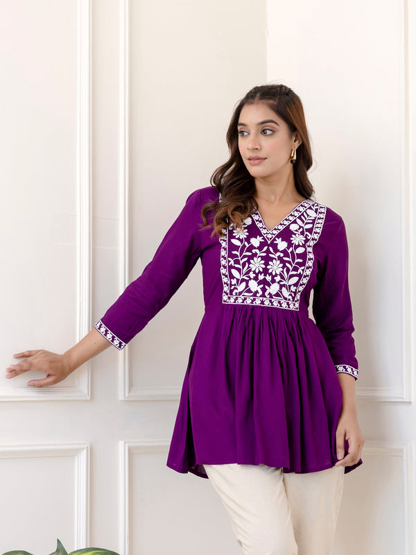 Purple Rayon Hip Length Solid V-Neck Solid Embroidered Semi-Flared Top