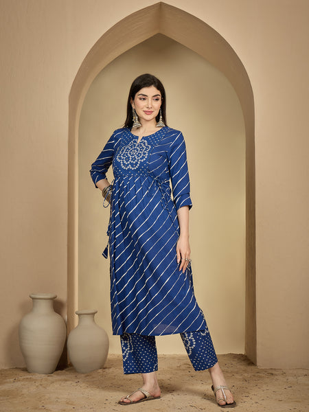 Gulmohar Jaipur Cotton Calf Length Printed 3/4 Sleeves Round Neck Flared Kurta Suit Set