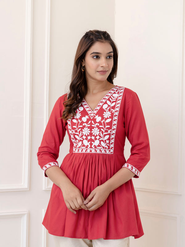 Coral Rayon Hip Length Solid V-Neck Solid Embroidered Semi-Flared Top