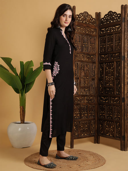 Black Rayon Embroidered Calf Length Solid Straight V-Neck Kurta