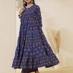 Cotton Calf Length Printed 3/4 Sleeves Key Hole Neck Anarkali Kurta Suit Set