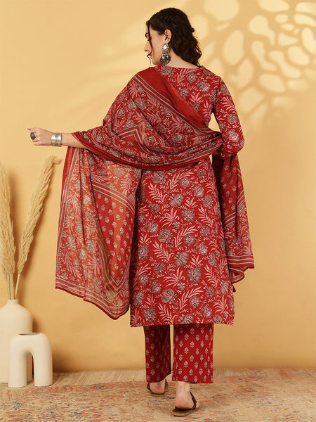 Calf Length Printed Straight 3/4 Sleeves Round Neck Kurta Bottom Dupatta Set