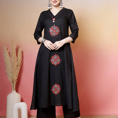 Rayon Calf Length Solid 3/4 Sleeves V-Neck Flared Kurta Suit Set