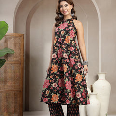 Cotton Calf Length Printed Sleeveless Round Neck Flared Kurta Suit Set