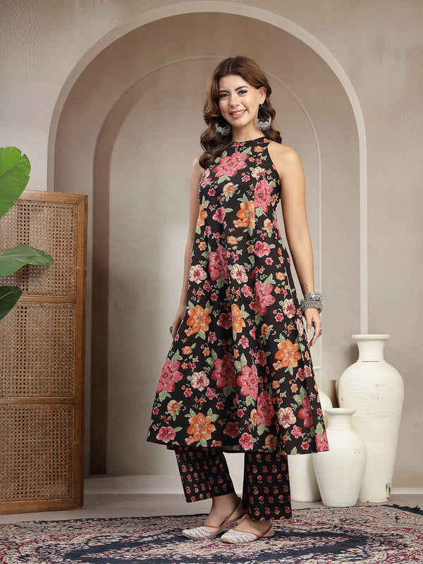 Cotton Calf Length Printed Sleeveless Round Neck Flared Kurta Suit Set