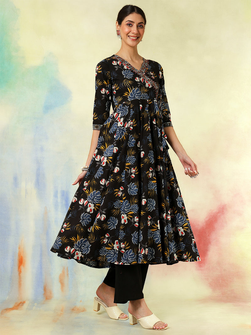 Black Pure Cotton Printed hand-Work Anarkali Kurta Suit Set