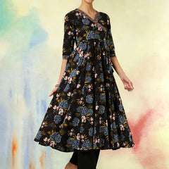 Black Pure Cotton Printed hand-Work Anarkali Kurta Suit Set