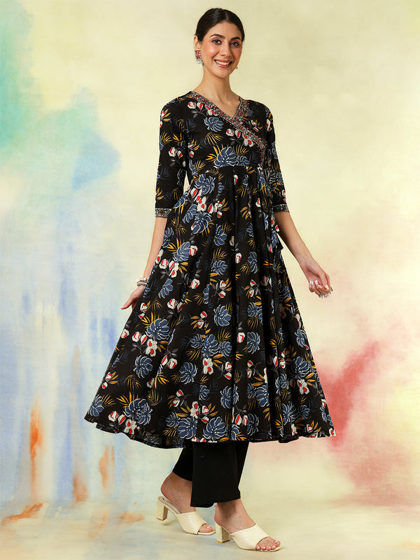 Black Pure Cotton Printed hand-Work Anarkali Kurta Suit Set