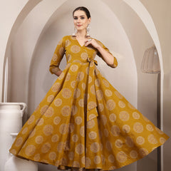 Gulmohar Jaipur Cotton Calf Length Printed 3/4 Sleeve V-Neck Anarkali Kurta Suit Set