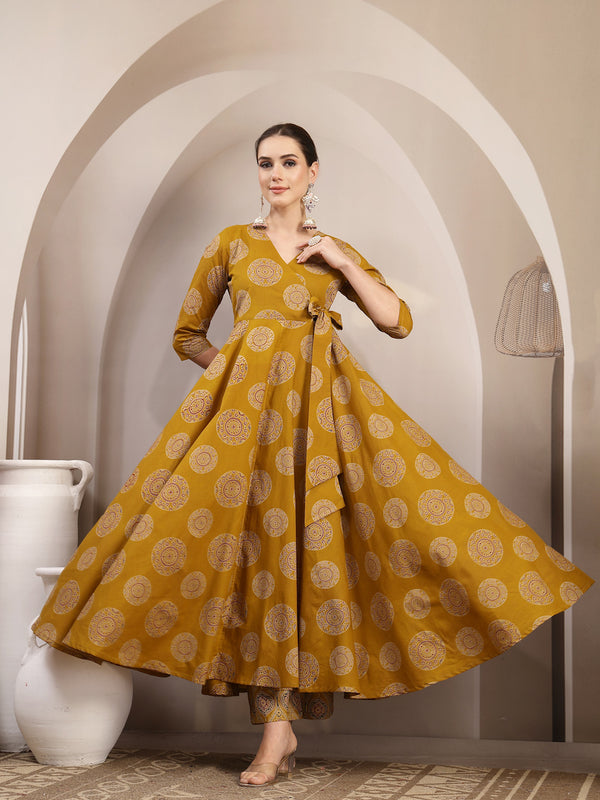 Gulmohar Jaipur Cotton Calf Length Printed 3/4 Sleeve V-Neck Anarkali Kurta Suit Set