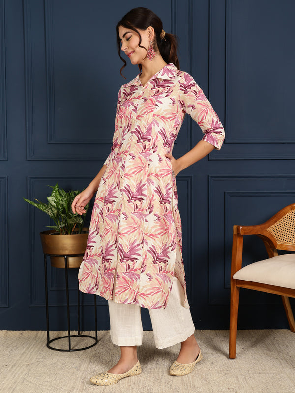 Pink Cotton Flex Calf Length Printed Shirt Coller Straight Kurta