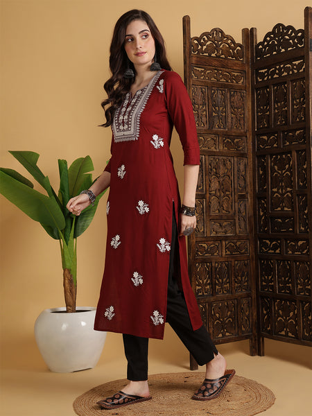 Maroon Rayon Embroidered Calf Length Solid Straight Round Neck Kurta