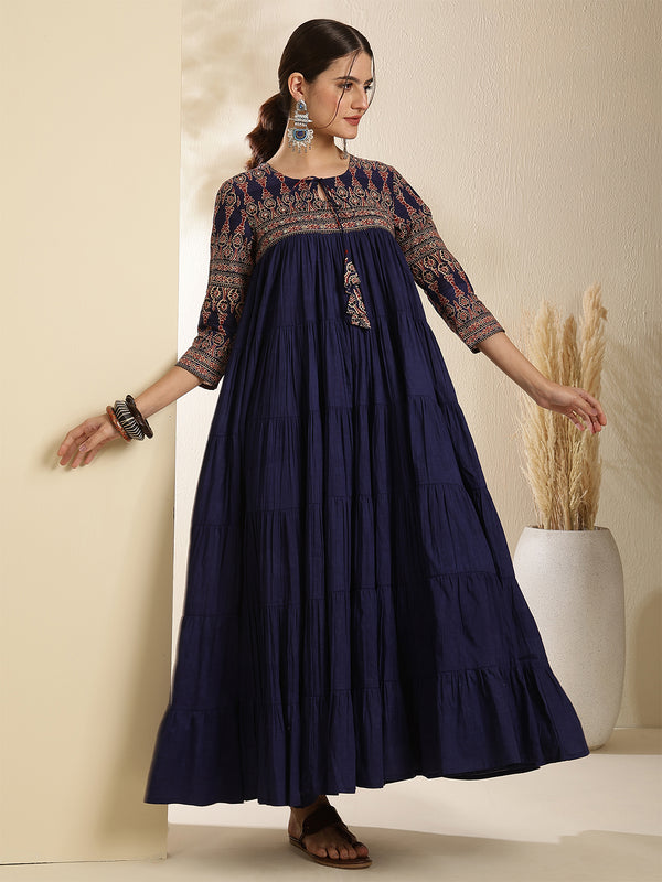 Maroon Pure Cotton Solid 3/4 Sleeves Key Hole Neck Anarkali Kurta Suit Set