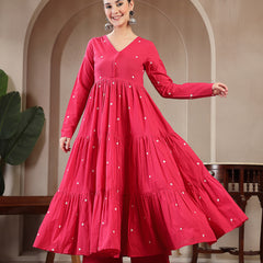 Gulmohar Jaipur Cotton Calf Length Solid Full Sleeves V-Neck Anarkali Kurta Suit Set