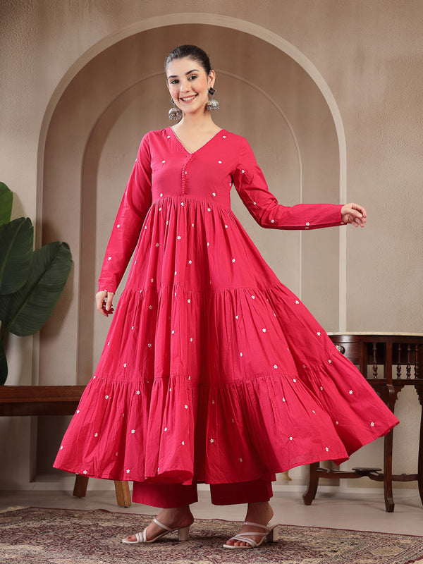 Gulmohar Jaipur Cotton Calf Length Solid Full Sleeves V-Neck Anarkali Kurta Suit Set