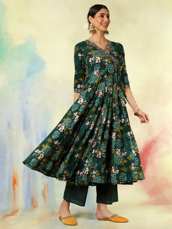 Black Pure Cotton Printed hand-Work Anarkali Kurta Suit Set