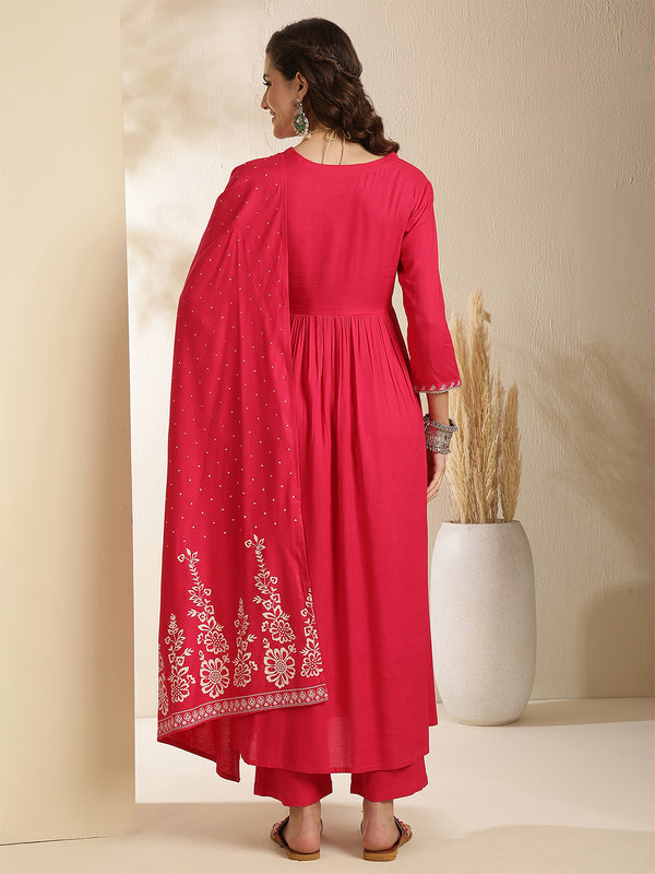 Coral Rayon Solid 3/4 Sleeves V-Neck Semi-Flared Kurta Suit Set