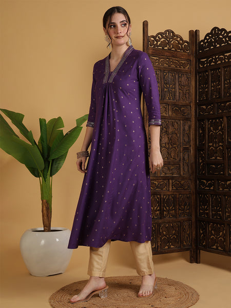 Purple Rayon Calf Length Solid Semi-Flared V-Neck Kurta