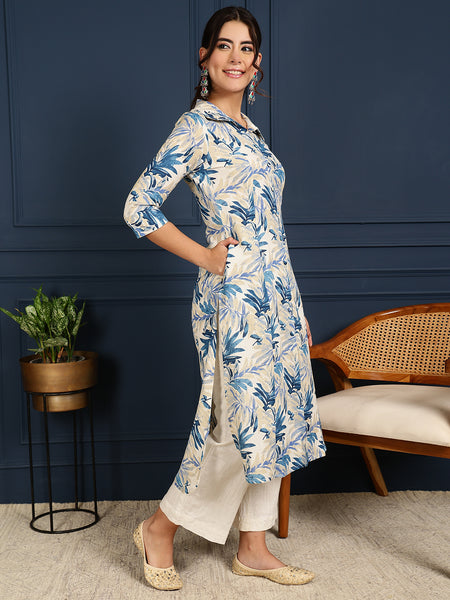 Blue Cotton Flex Calf Length Printed Shirt Coller Straight Kurta