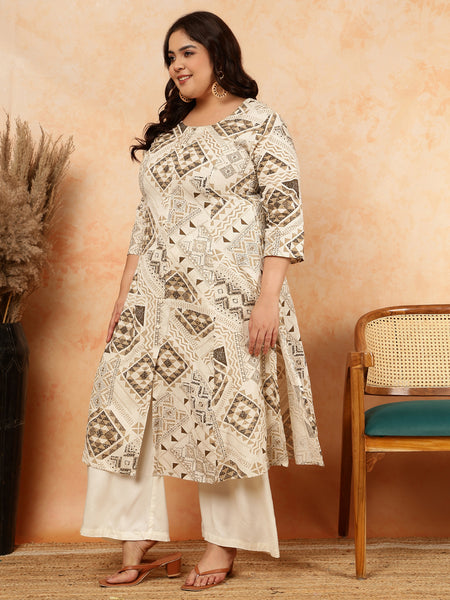 Cotton Flex Calf Length Printed A-Line 3/4 Sleeves Round Kurta (Plus+)