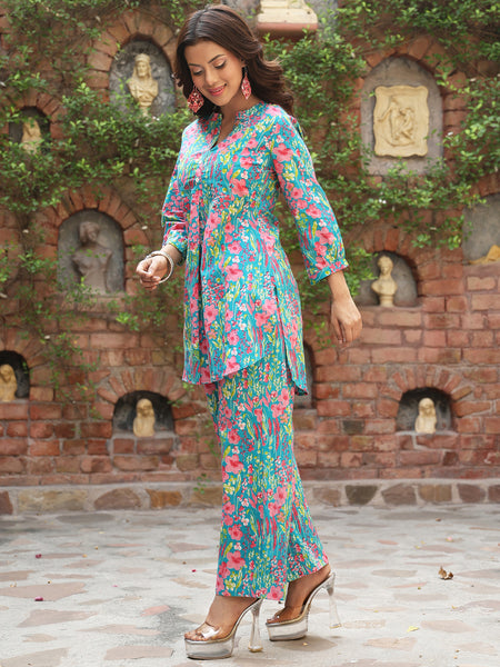 Blue Cotton Hip Length Printed Straight Mandarin Neck Top Palazzo Set