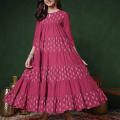 Cotton Calf Length Printed 3/4 Sleeves Key Hole Neck Flared Kurta