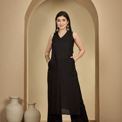 Gulmohar Jaipur Rayon Calf Length Solid Sleeveless V-Neck Straight Kurta Suit Set
