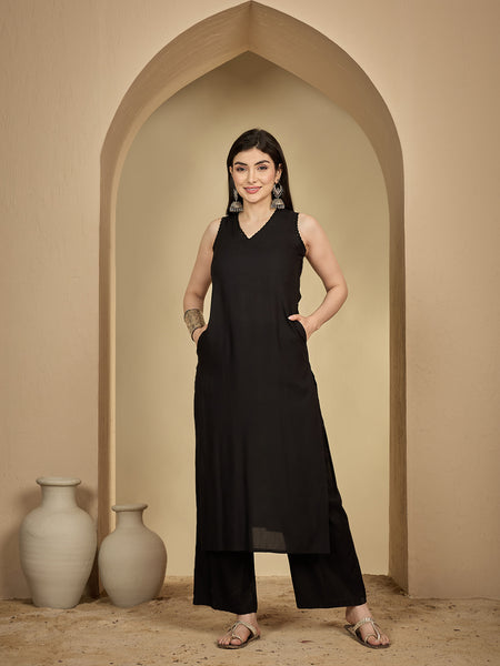 Gulmohar Jaipur Rayon Calf Length Solid Sleeveless V-Neck Straight Kurta Suit Set