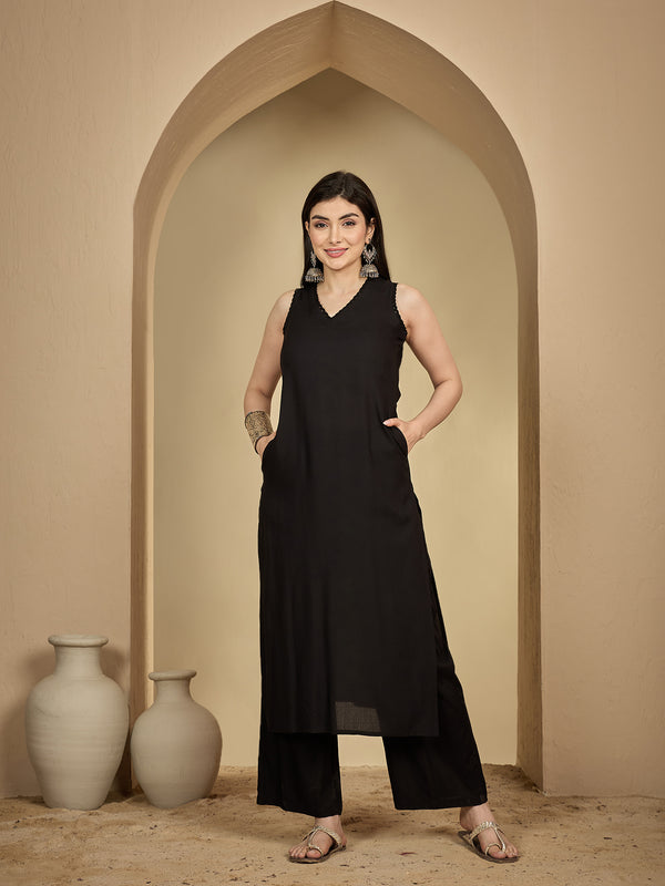Gulmohar Jaipur Rayon Calf Length Solid Sleeveless V-Neck Straight Kurta Suit Set