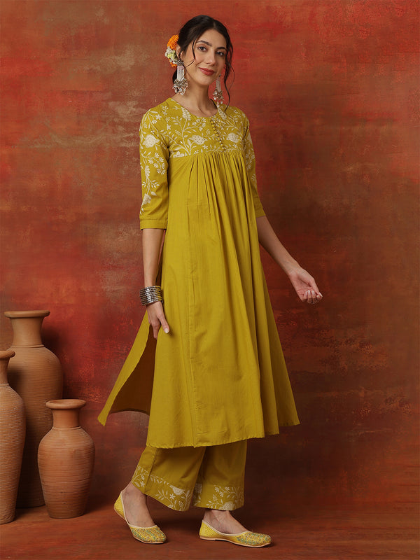 Lime Rayon Solid Hand-Work Round Neck Semi-Flared Kurta Suit Set