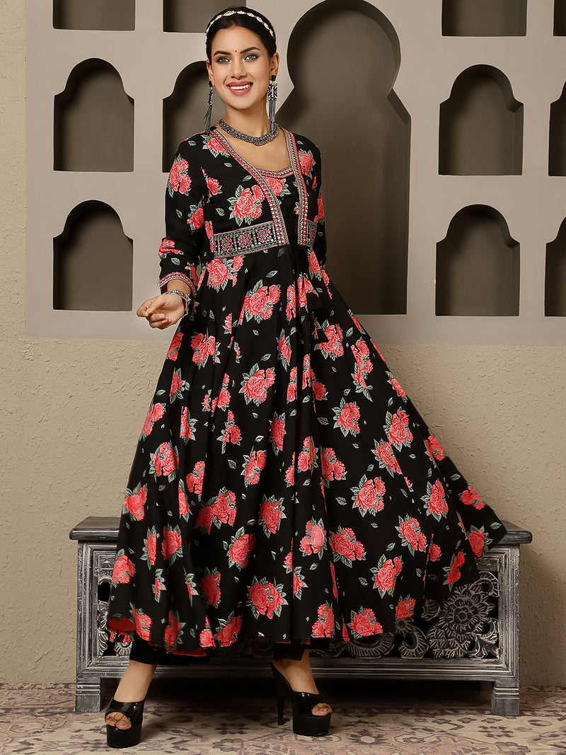 Black Rayon Calf Length Printed V-Neck Anarkali Kurta Suit Set