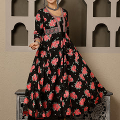 Black Rayon Calf Length Printed V-Neck Anarkali Kurta Suit Set