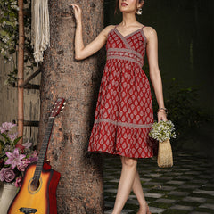 Gulmohar Jaipur Cotton Knee Length Printed Strappy Sleeve V-Neck Flared Dress