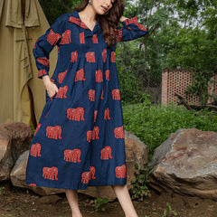 Gulmohar Jaipur Cotton Calf Length Printed Full Sleeve Shirt Collar Flared Dress