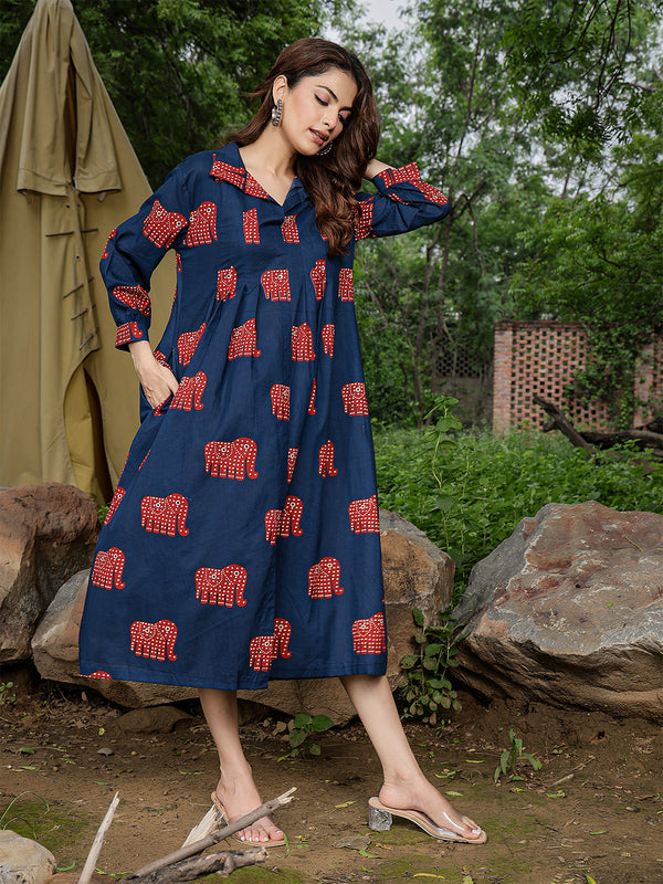 Gulmohar Jaipur Cotton Calf Length Printed Full Sleeve Shirt Collar Flared Dress