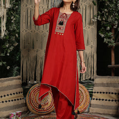 Gulmohar Jaipur Rayon Knee Length Solid 3/4 Sleeve Round Neck Asymmetrical Kurta Suit Set