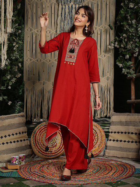 Gulmohar Jaipur Rayon Knee Length Solid 3/4 Sleeve Round Neck Asymmetrical Kurta Suit Set