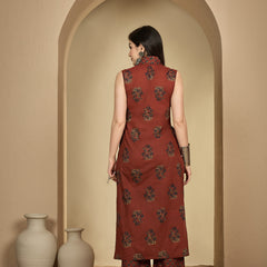 Gulmohar Jaipur Cotton Calf Length Printed Sleeveless Collard Straight Kurta Suit Set
