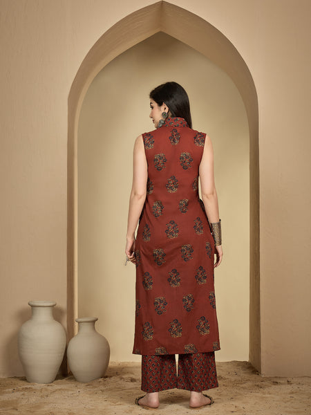 Gulmohar Jaipur Cotton Calf Length Printed Sleeveless Collard Straight Kurta Suit Set