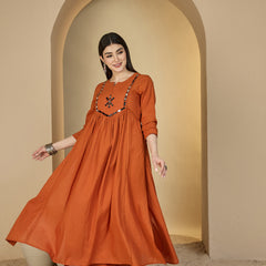 Gulmohar Jaipur Cotton Calf Length Solid 3/4 Sleeves Round Neck Flared Kurta Suit Set