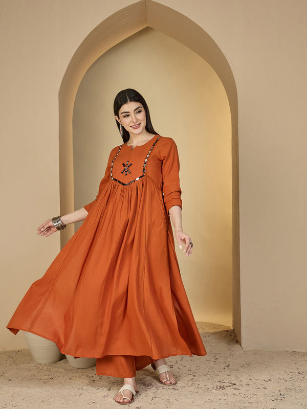Gulmohar Jaipur Cotton Calf Length Solid 3/4 Sleeves Round Neck Flared Kurta Suit Set