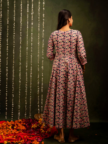 Navy Blue Cotton Calf Length Printed Flared Angrakha Kurta