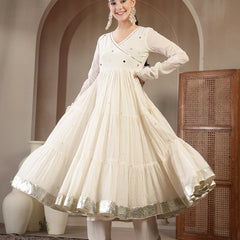 Gulmohar Jaipur Malmal Calf Length Solid Full Sleeves Anrakha Neck Anarkali Kurta Suit Set