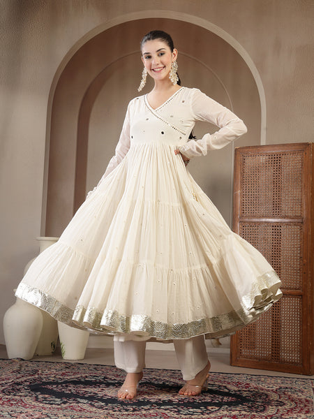 Gulmohar Jaipur Malmal Calf Length Solid Full Sleeves Anrakha Neck Anarkali Kurta Suit Set