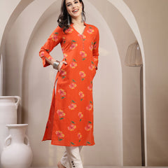 Gulmohar Jaipur Cotton Calf Length Printed 3/4 Sleeve V-Neck Straight Kurta