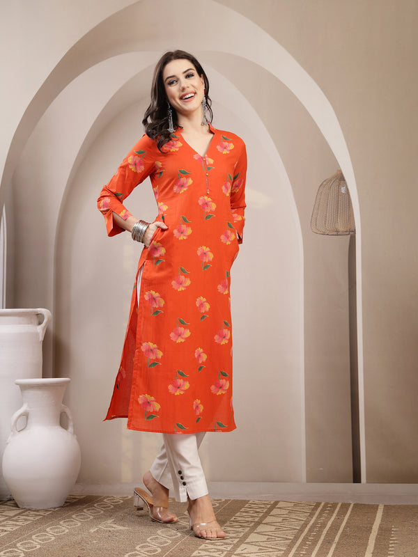Gulmohar Jaipur Cotton Calf Length Printed 3/4 Sleeve V-Neck Straight Kurta