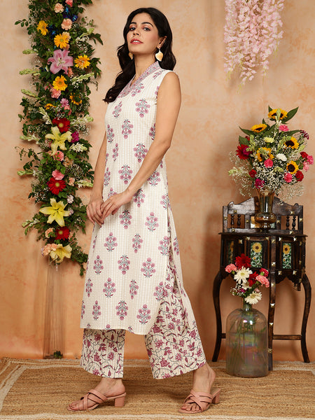 Pink Cotton Calf Length Printed Collared Straight Kurta Palazzo Set